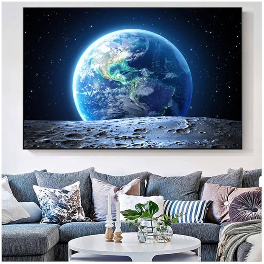 Amazon｜青い地球と衛星宇宙風景キャンバス壁アートポスターと